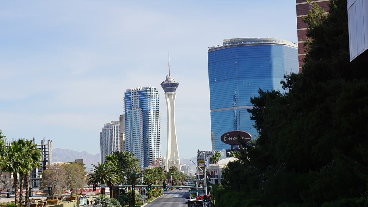 Las Vegas skyline with the Stratosphere tower above palm-lined streets.